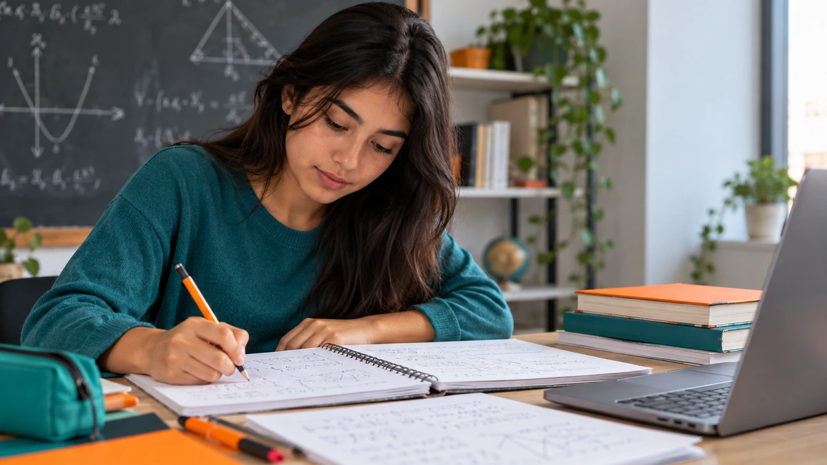 Estudiante resolviendo ejercicios de matemáticas con cuadernos, laptop y fórmulas al fondo.