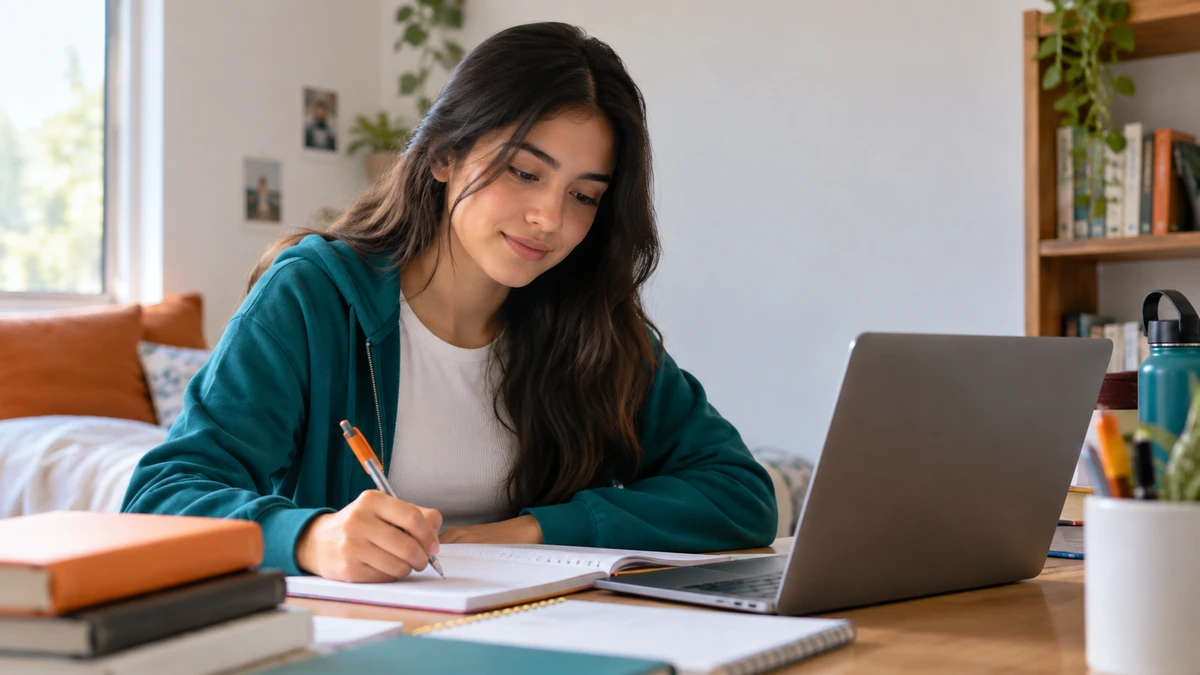 Estudiante repasando una materia en casa con cuaderno y laptop, en un espacio sencillo y luminoso.