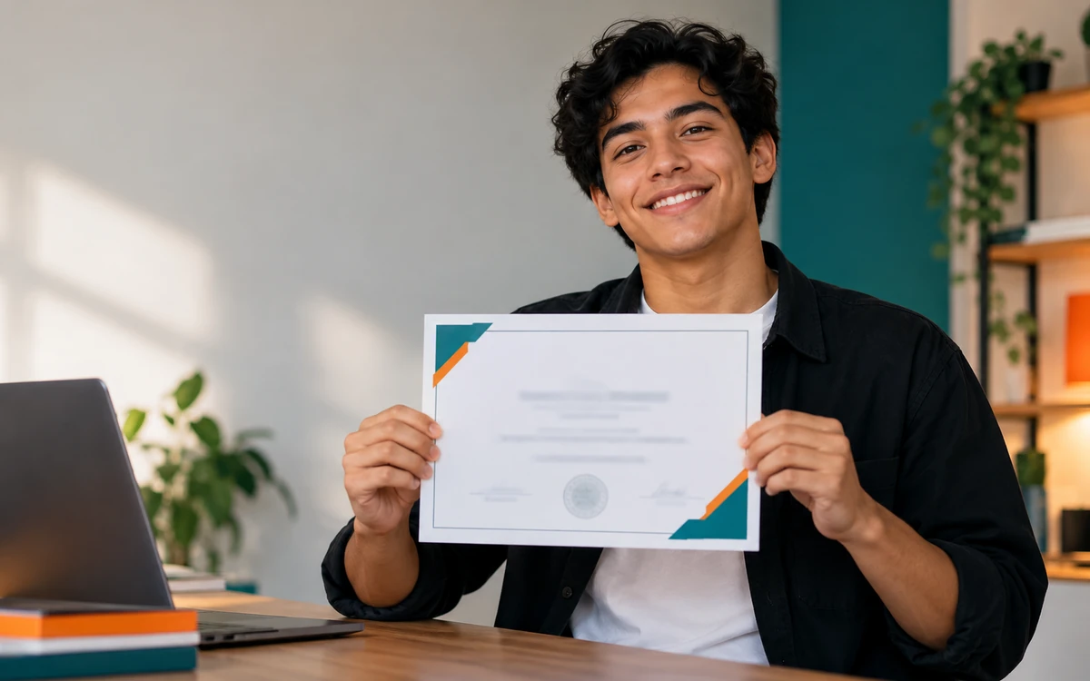 Estudiante sonriendo mientras muestra su certificado de finalización.