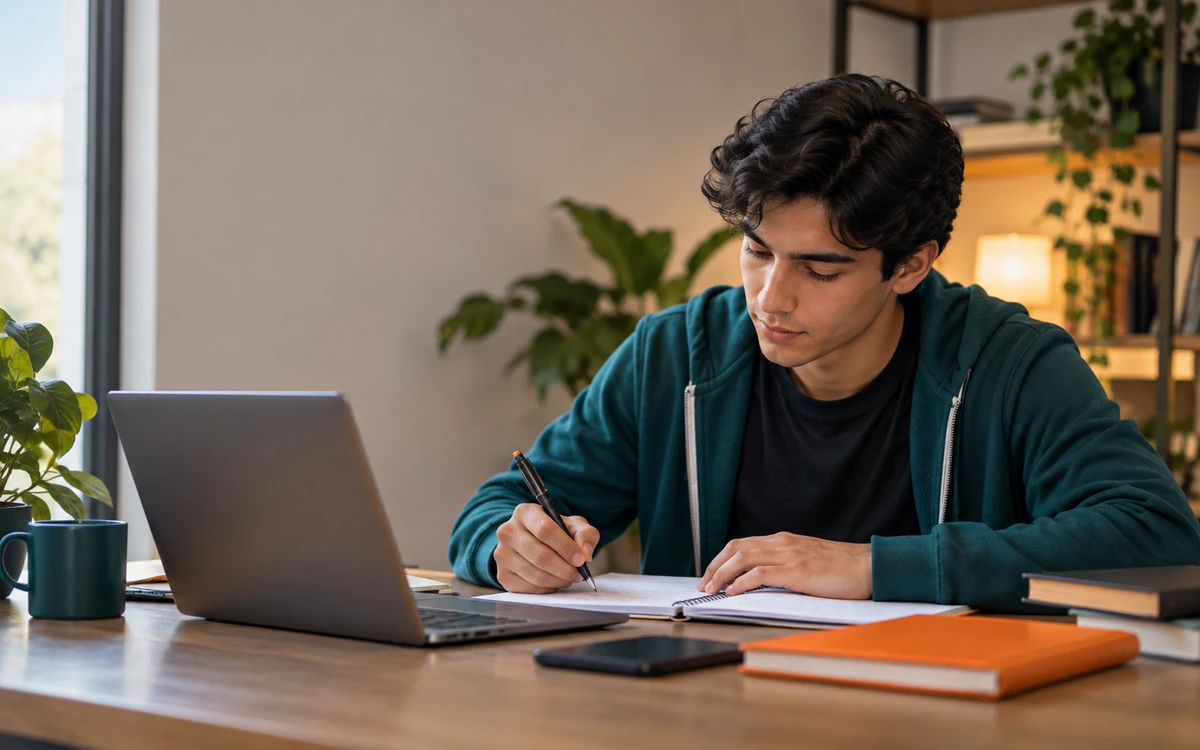 Estudiante concentrado preparándose para un examen con apuntes y laptop.