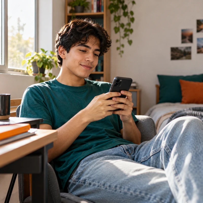 Estudiante joven estudiando desde su celular en casa con luz natural.